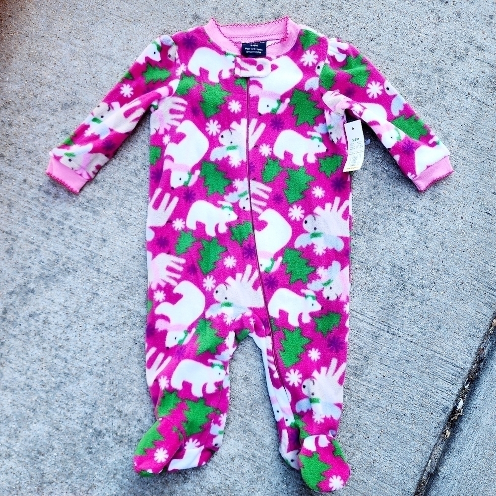 NWT Faded Glory Pink Fleece Polar Bear Footed Onsie Baby Size 3-6M Christmas New